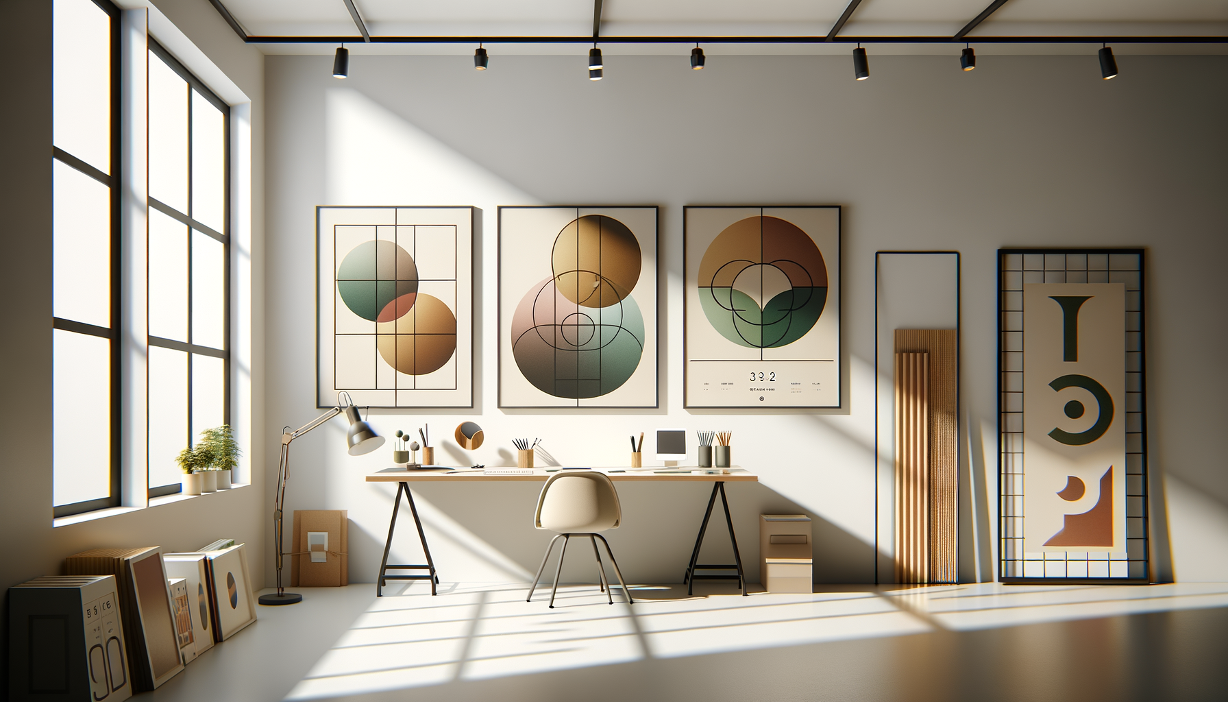 Modern, minimalistic workspace with large window, desk, chair, art prints with geometric designs, and sunlight casting shadows.
