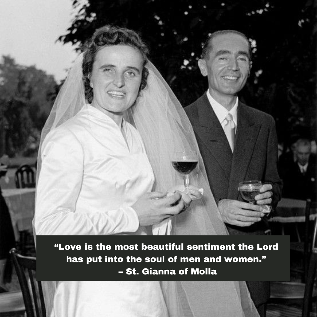 A black-and-white photo of a bride and groom at a wedding reception, smiling and holding glasses of wine, with trees and guests in the background. There is a quote below the image.