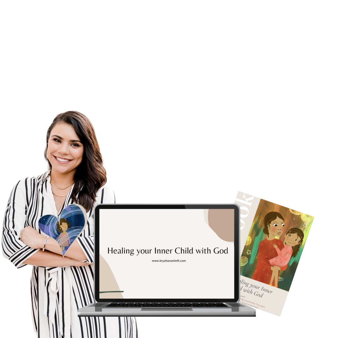 A smiling woman standing next to a laptop displaying the text "Healing your Inner Child with God" with a website URL, and a book titled "Healing your Inner Child with God" featuring an illustration of a woman holding a child.