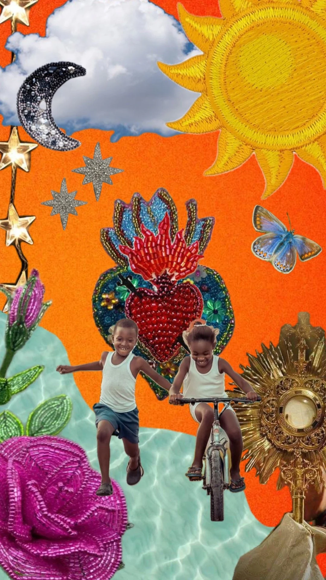 Collage of various colorful and textured objects including a bright yellow sun, a cloud with a blue sky, a crescent moon adorned with pearls, stars, a butterfly, and two children playing—one running and one riding a bike—against a vibrant orange background.
