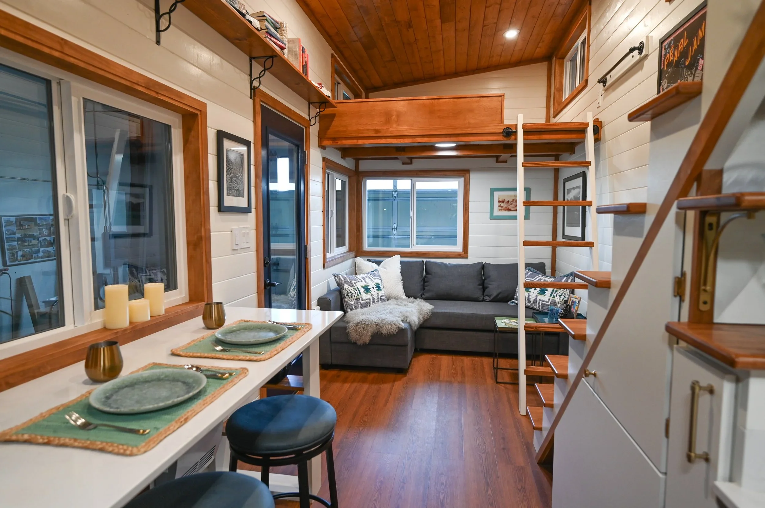 Interior tiny house in Bellingham WA with warm wood, craftsmanship and open space