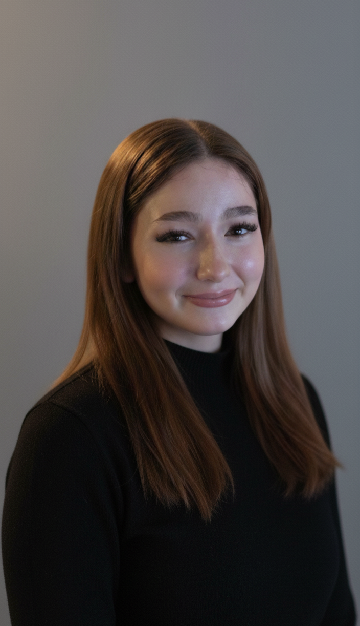 A portrait of Megan Gunnery, a co-founder of Megagatha, with long brown hair smiling at the camera, wearing a black top, against a neutral background.