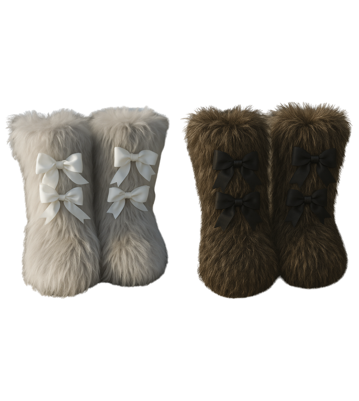 Megagatha plush furry boots, the silver pair with white bows and the brown pair with black bows, resembling furry boots.