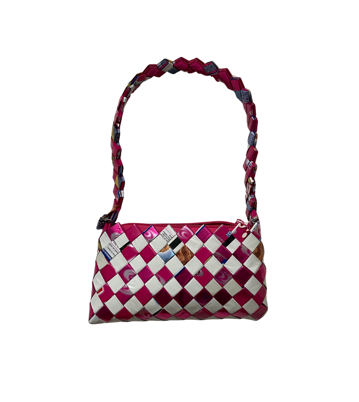 A sustainable Megagatha handbag made of repurposed plastic with a checkered pattern of pink and white squares.