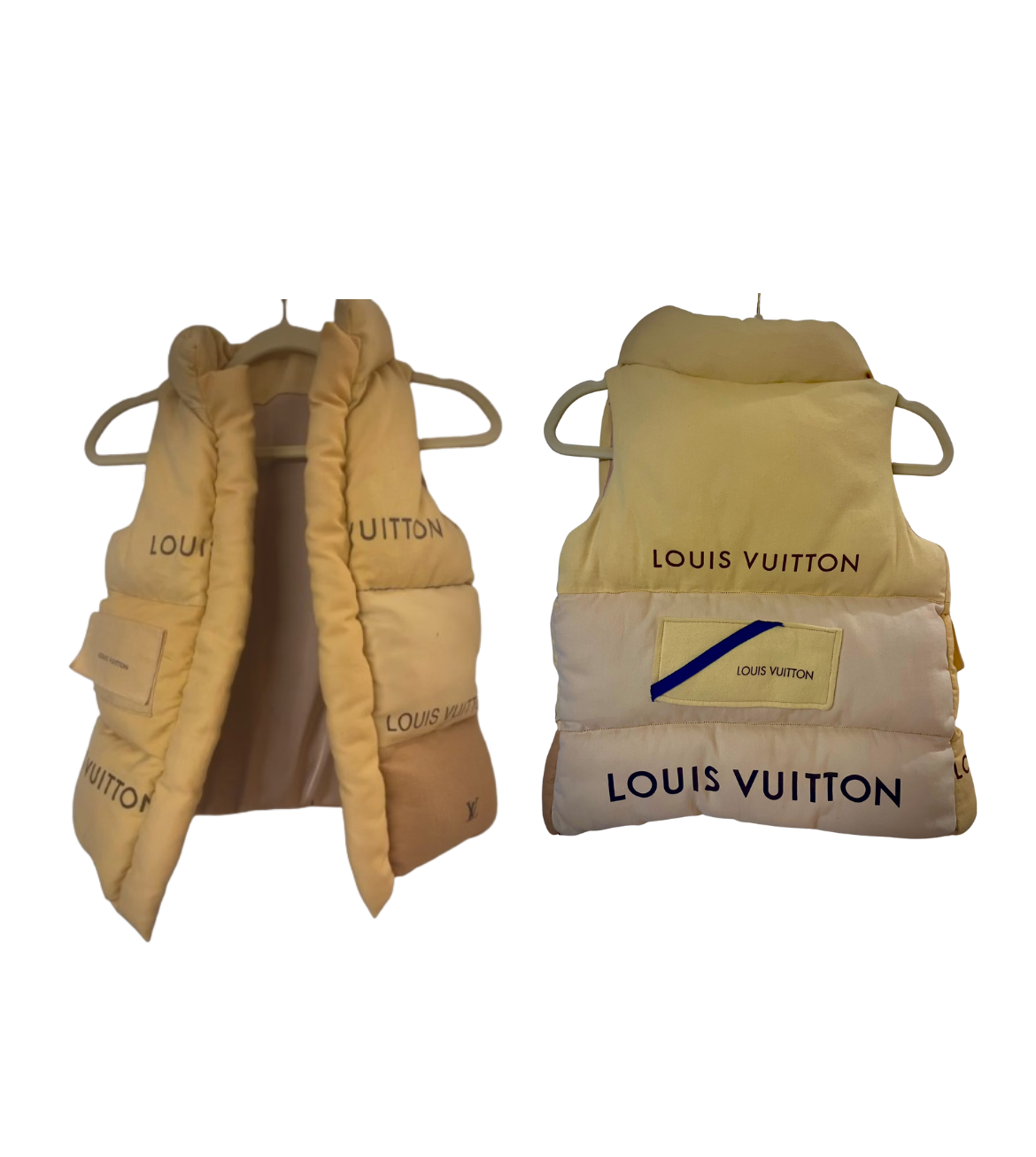 A custom Megagatha Louis Vuitton puffer vest made from repurposed authentic dust bags.