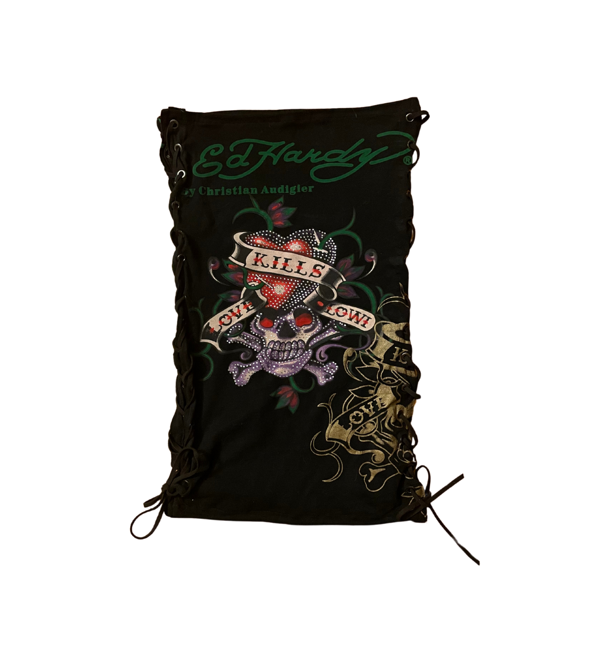 A custom Megagatha reworked corset top made from repurposed Ed Hardy and Christian Audigier clothing, featuring a colorful skull with roses, banners reading 'Kills' and 'Love,' and decorative lacing through grommets on the sides.