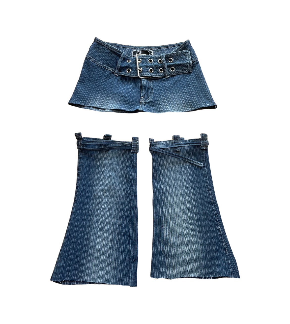 A custom Megagatha set of a mini-skirt and matching denim leg warmers all made from one pair of jeans.