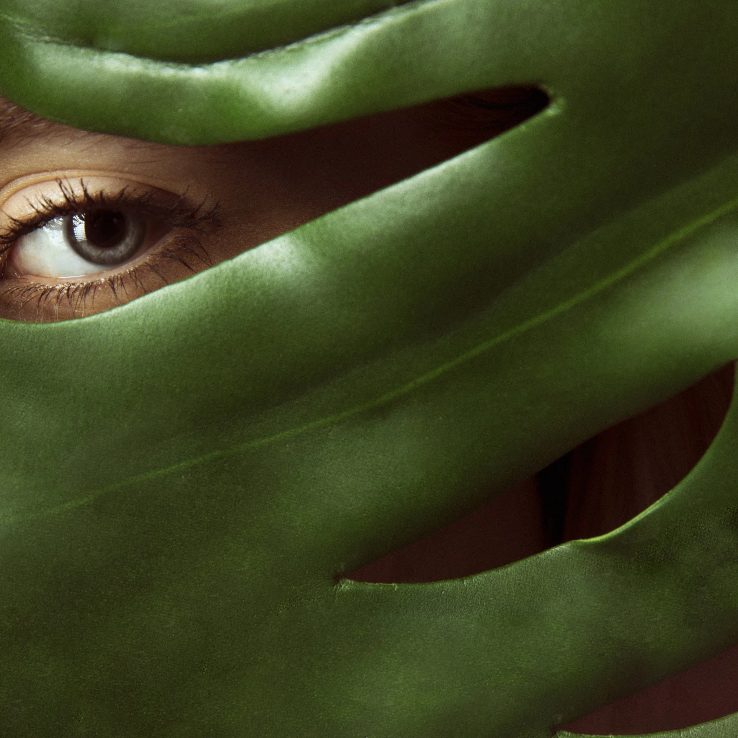 A close-up of a person's face partially covered with a green leaf, revealing one eye and part of their eye makeup.
