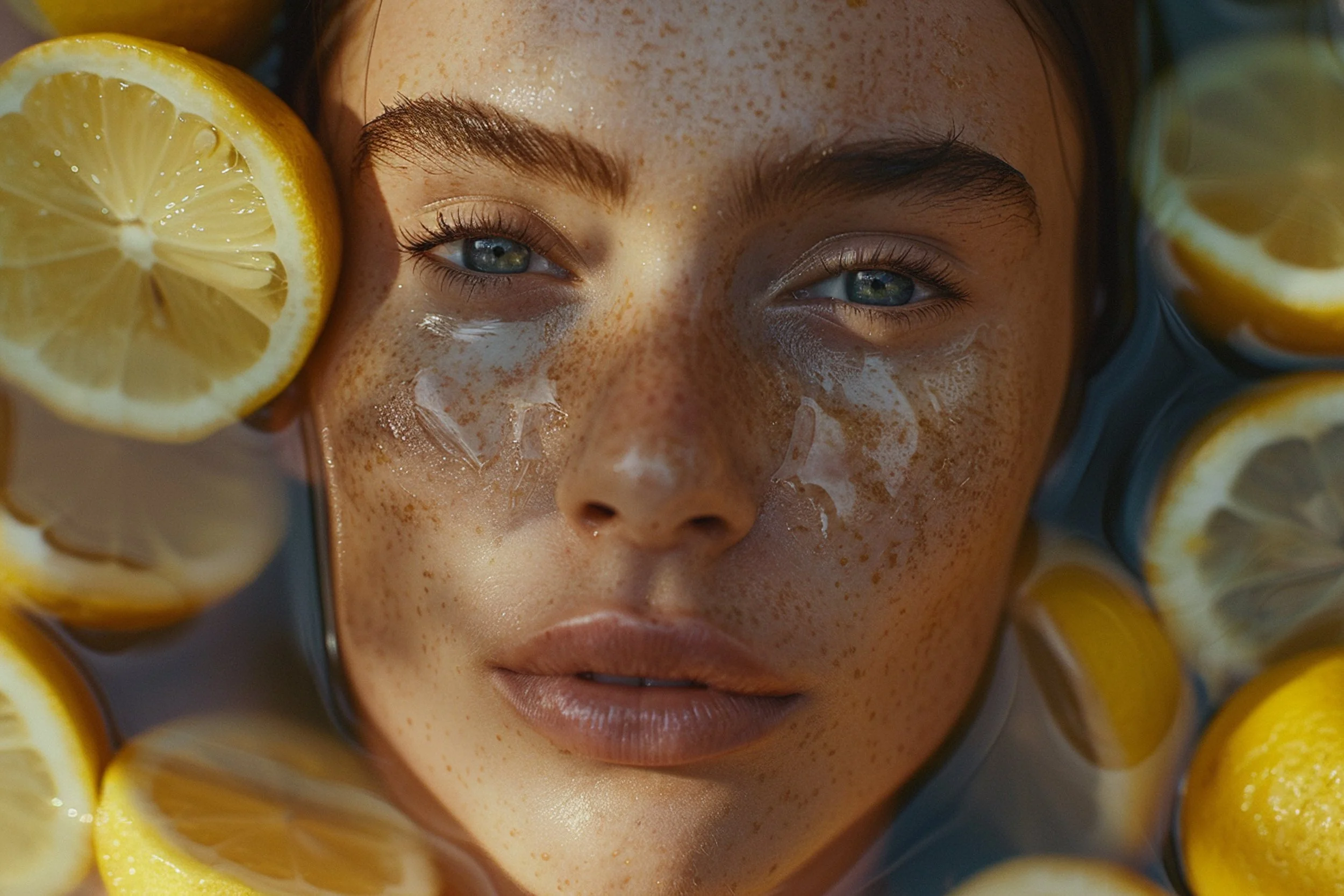 A woman with blue eyes and freckles is partially submerged in water surrounded by lemon slices, with some lemon slices on her face and in the water.
