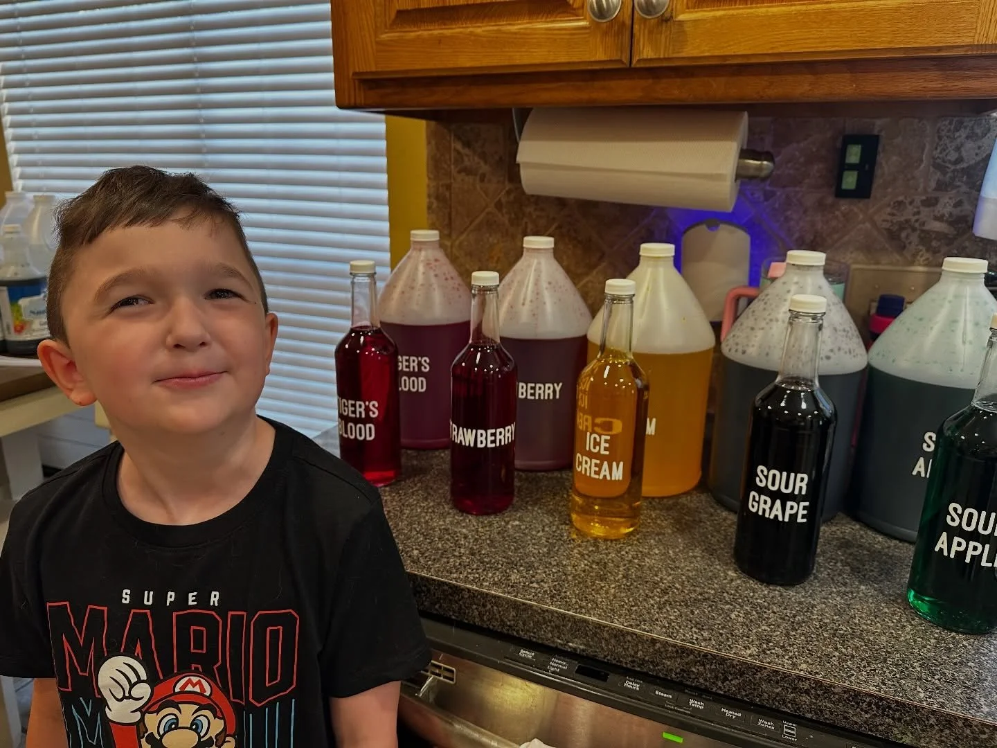 Why did you do this? Did you test it?
We did! My son and I, both having June birthdays, used to hire companies every year to do this very thing. Last year, we decided to try it for ourselves!
This was our very first batch of syrups, and some pictures