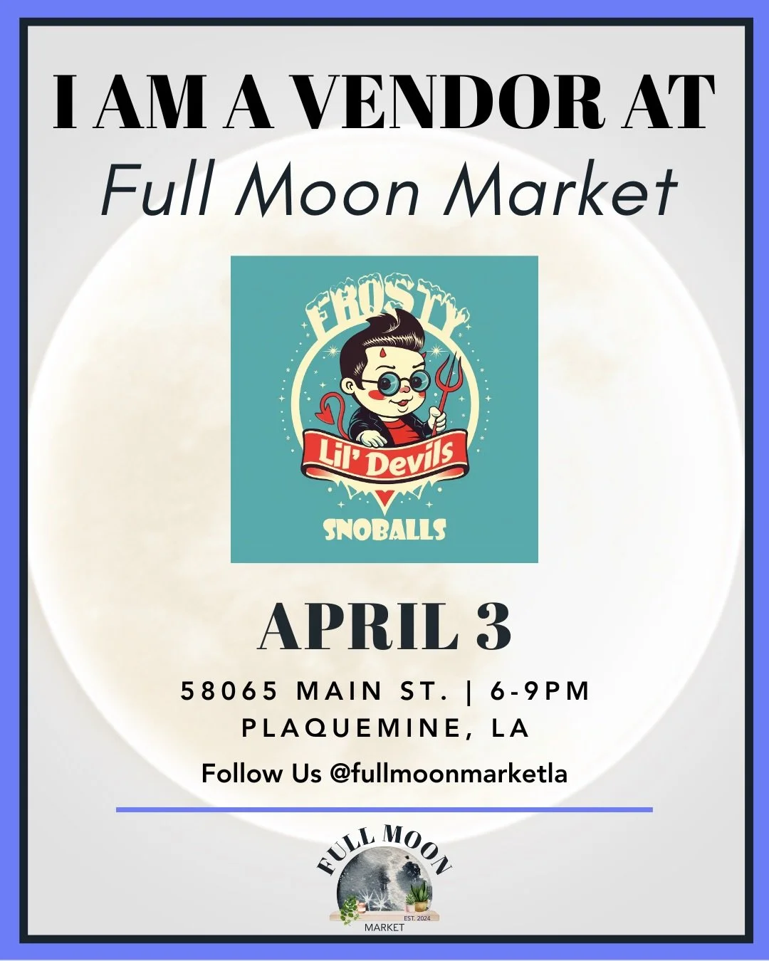 Plans Friday night? Come to the Full Moon Market in Plaquemine and check out some of the cool stuff these vendors are selling! 
We will be there slinging ice! Come say hello! 😈🍧

#hellfrozenover #frostylildevils #summervibes☀️ #snoballseason #ice