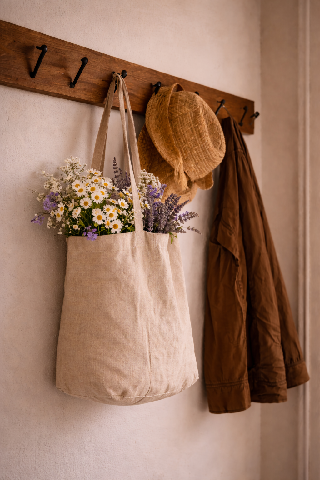 A beige tote bag with white daisies and purple flowers hanging on a coat rack, with a straw hat and a brown coat also hanging.