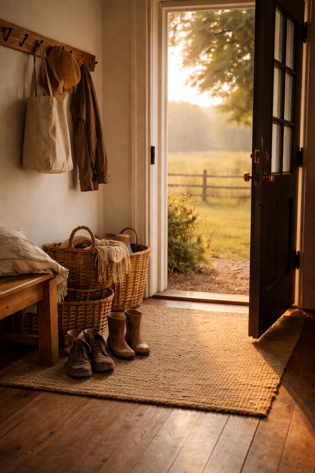Sunlit entryway with wooden shoes, wicker baskets, a coat rack with hats and jackets, an open door revealing a garden and a wooden fence, and a woven rug on wooden flooring.