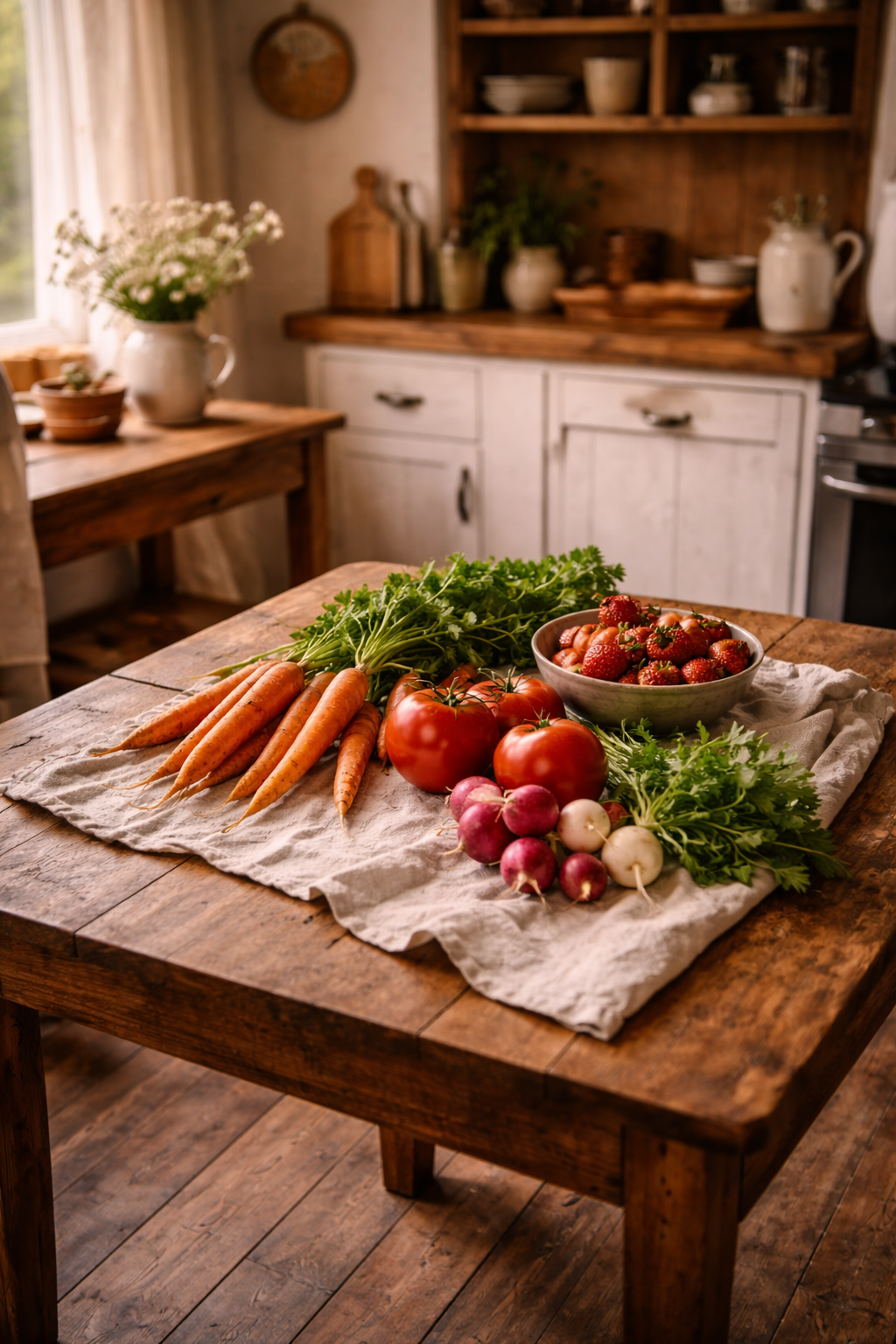 Fresh carrots, tomatoes, radishes, and strawberries on a rustic wooden table in a cozy kitchen.