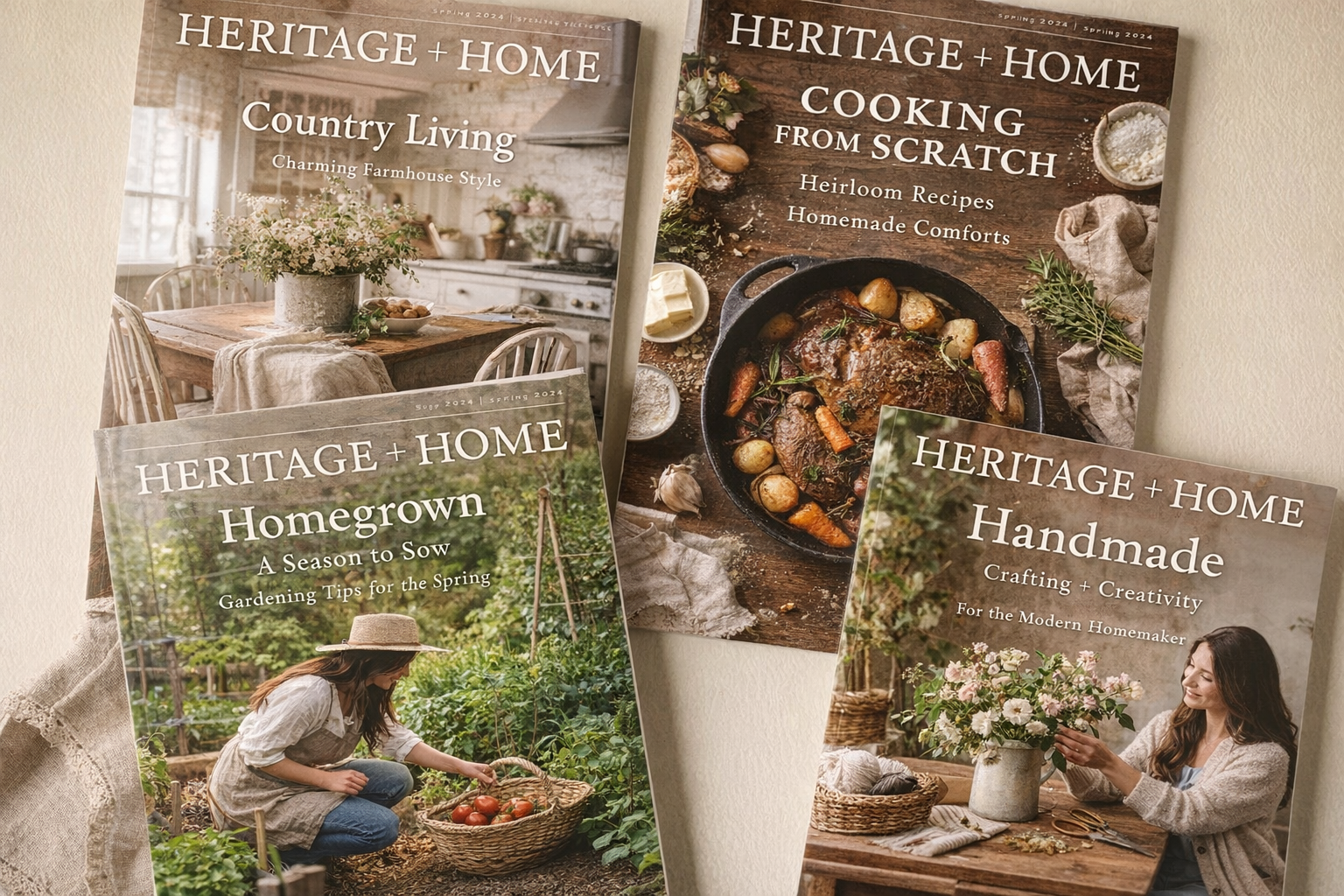 Three magazine covers titled "Heritage + Home" featuring topics on country living, cooking from scratch, and handmade crafts with images of a farmhouse kitchen, cooked meat with vegetables, and women gardening and arranging flowers.