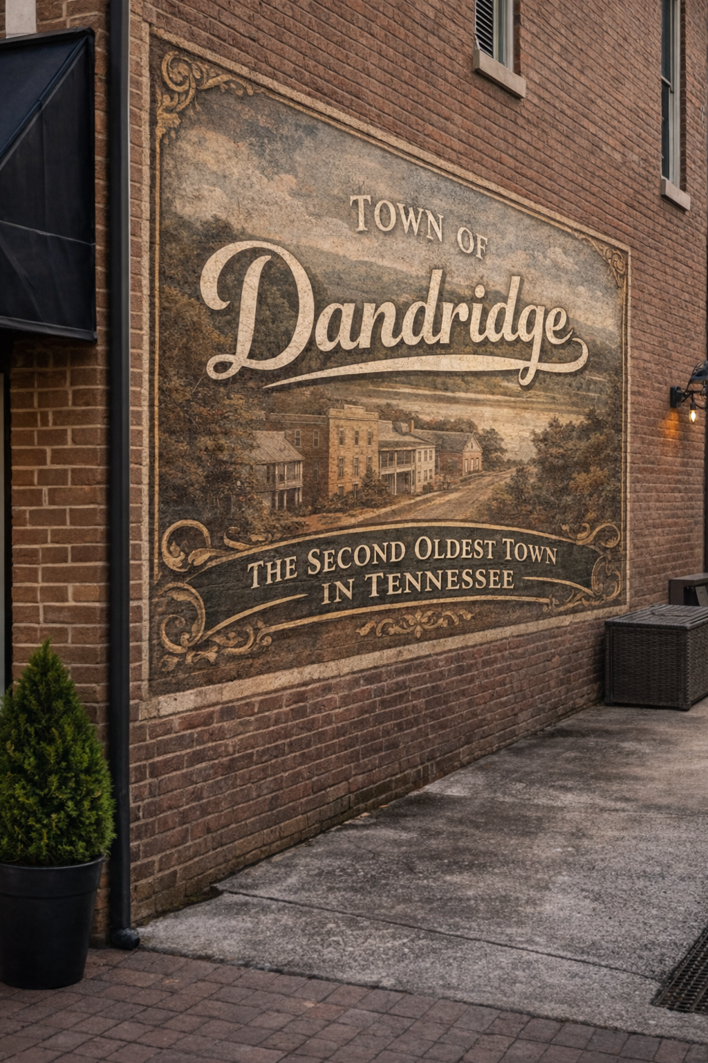 A mural on a brick wall in Dandridge, Tennessee, depicting historic buildings and old-fashioned lettering that reads 'Town of Dandridge, The Second Oldest Town in Tennessee'.
