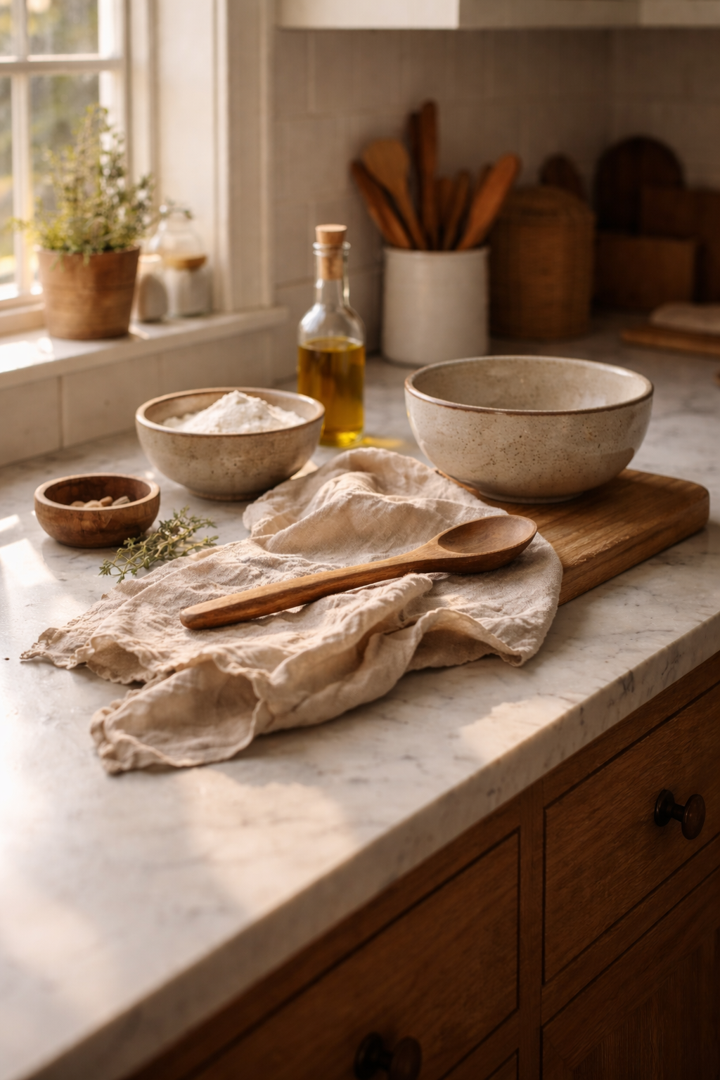 A rustic kitchen countertop with bowls of flour and other baking ingredients, a bottle of oil, a wooden spoon on a cloth, and a window with sunlight.