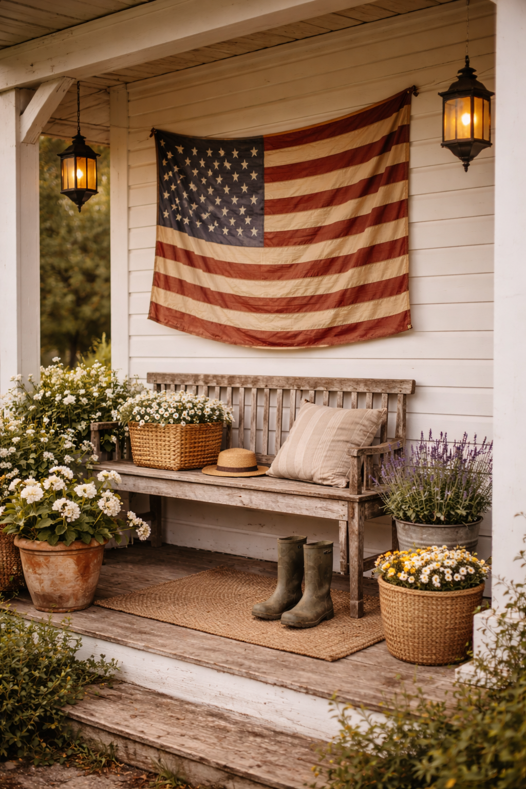 Porch with American flag, hanging lanterns, wooden bench with pillow, straw hat, pair of rain boots, and potted flowers.