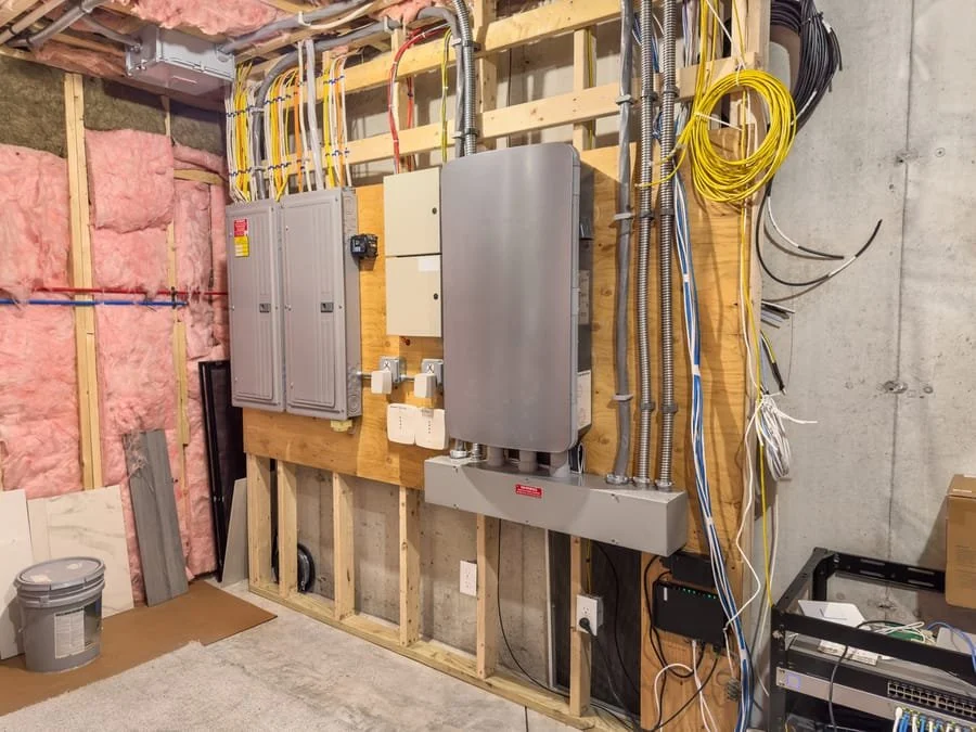 Electrical wiring and components mounted on a wooden wall in a basement or utility room, with insulation on one side and exposed concrete on the other