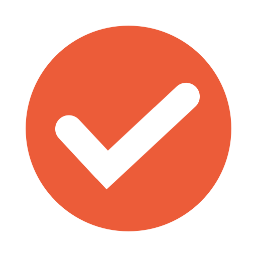 White check mark inside an orange circle on a black background.