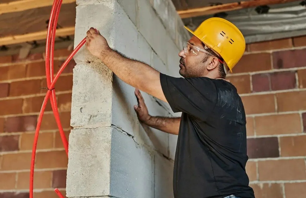 A construction worker wearing a yellow hard hat and safety glasses is installing or inspecting wiring on a brick wall in a building under construction.