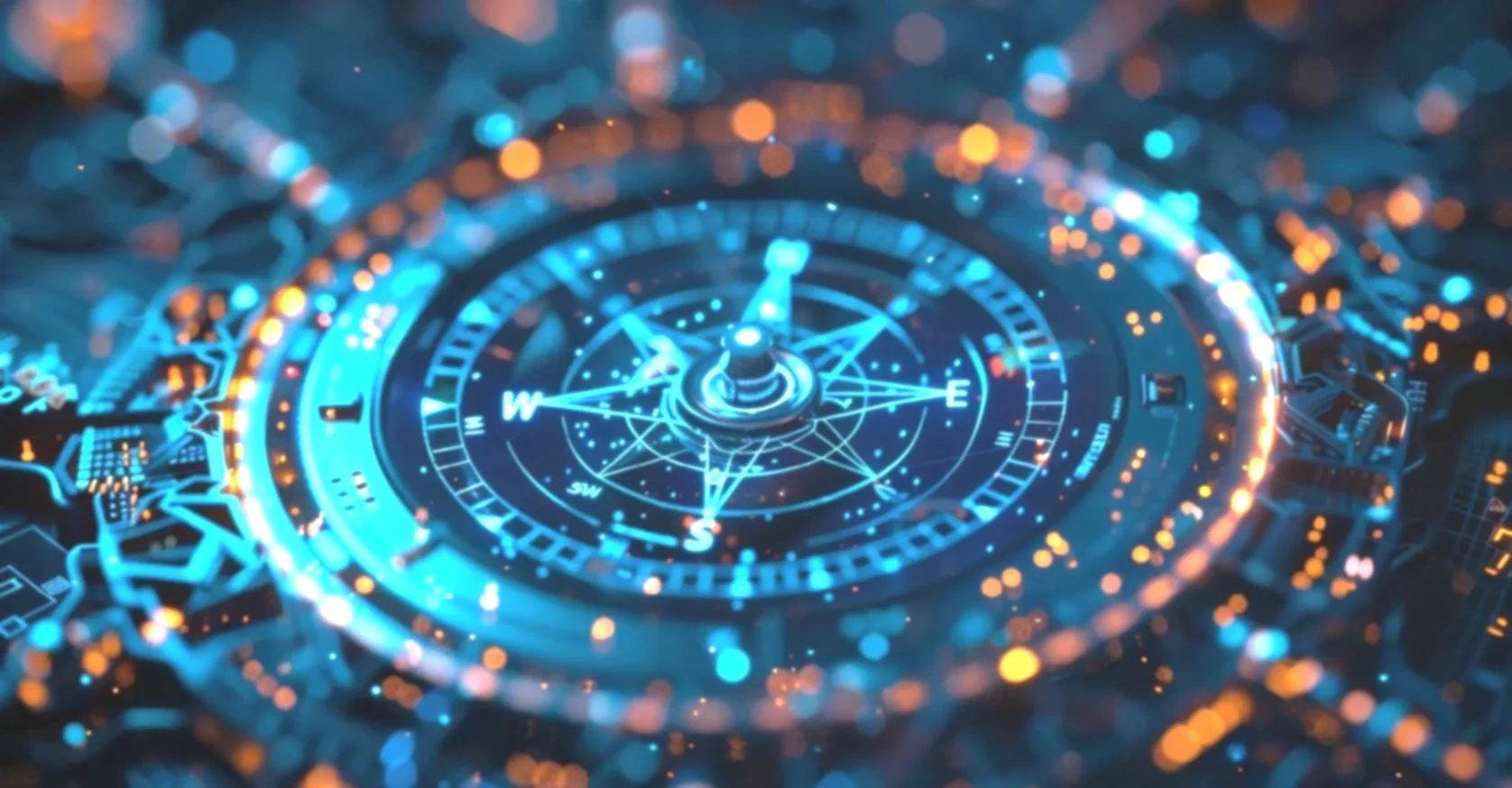 Futuristic digital compass with glowing blue and orange lights and intricate technological details.