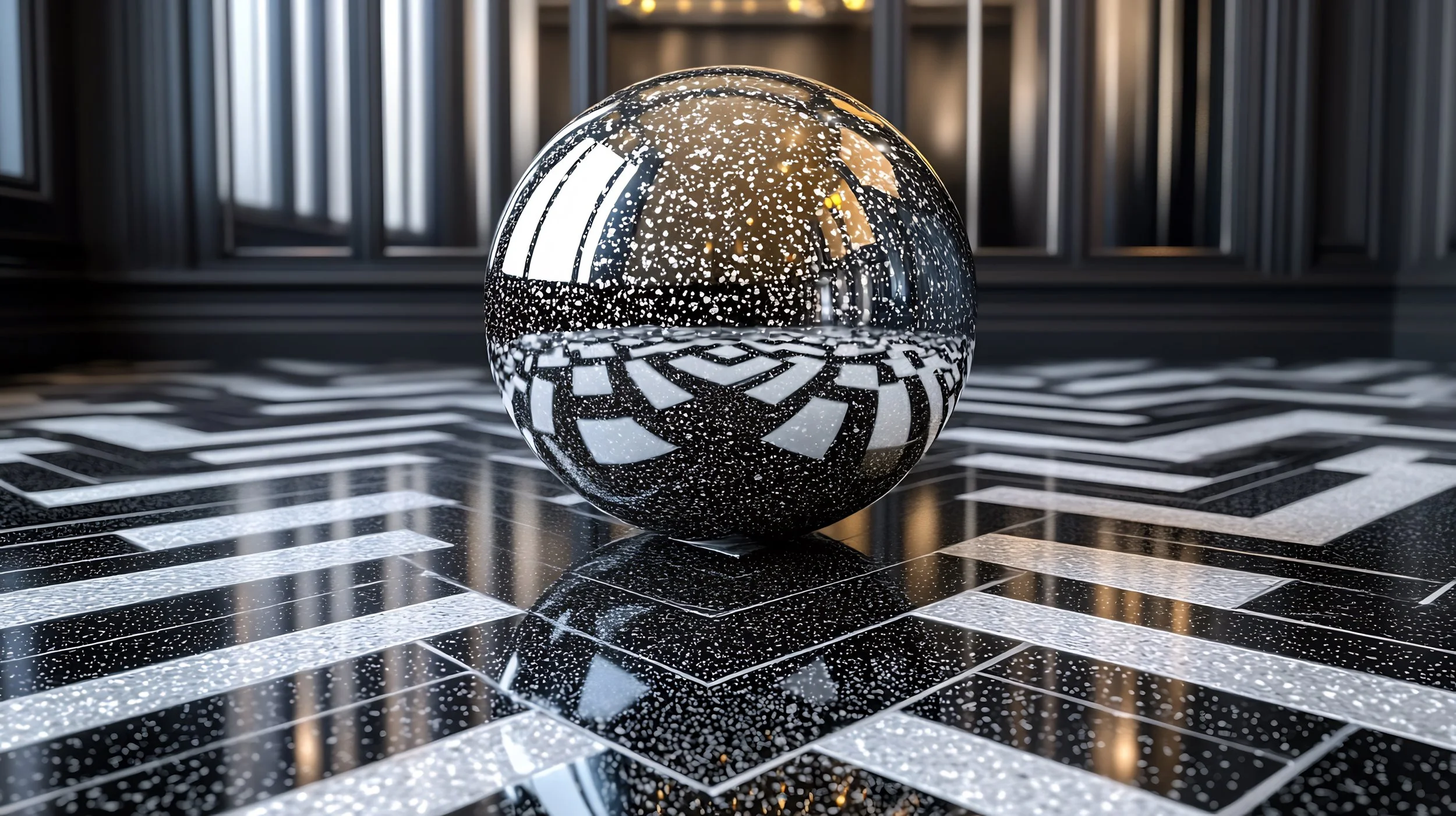 A reflective black and white speckled sphere on a black and white patterned floor, with a dark wall with vertical panels in the background symbolizing different ways we can look at problems and come up with an elegant solution and plan.