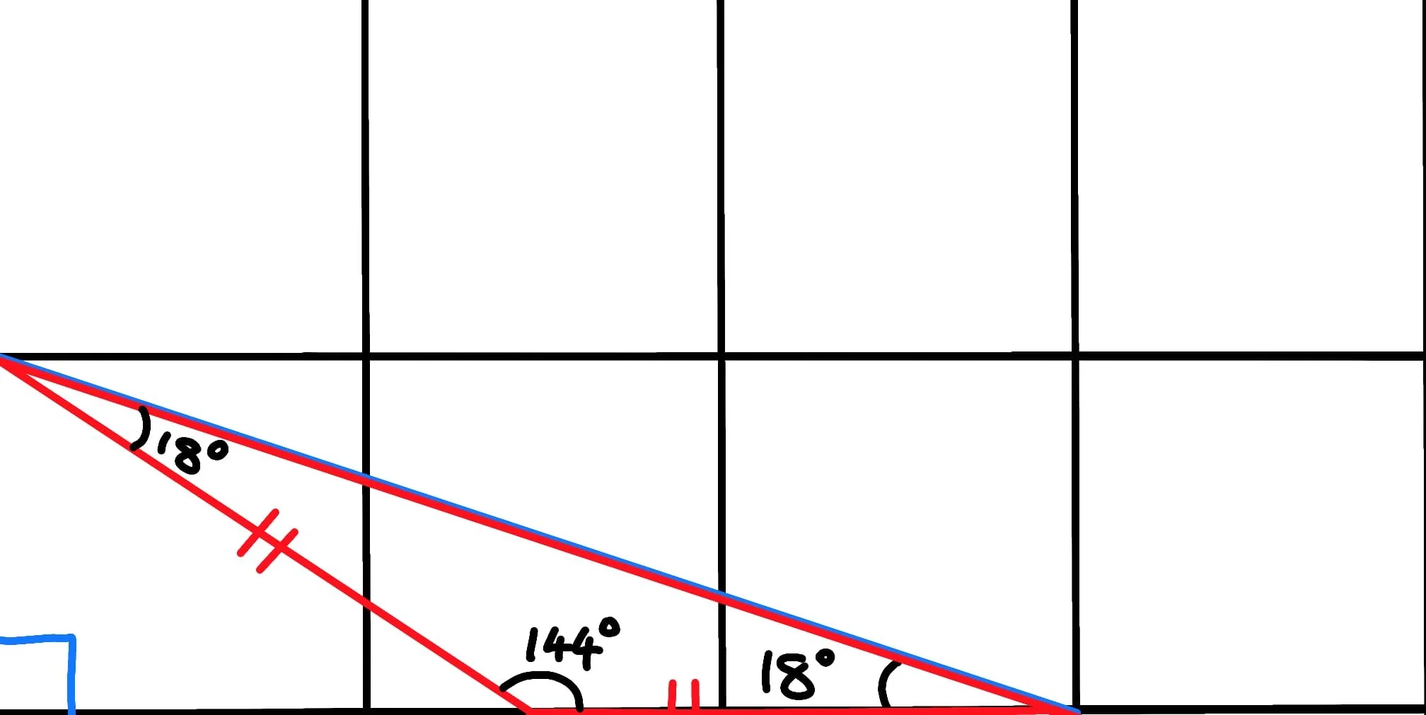 A partial view of a technical drawing or diagram showing intersecting lines with angles and measurements, including a 144-degree angle and an 18-degree angle marked in red and black.