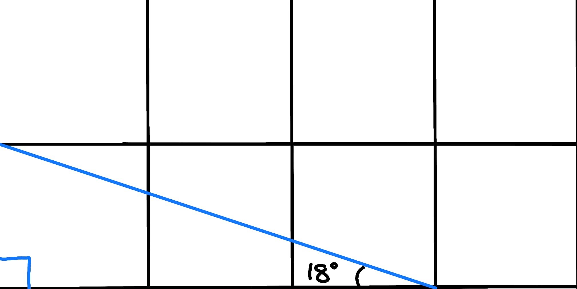 Close-up of a drawing with black grid lines, a blue diagonal line, and handwritten notes including '18°' and '(C)'.