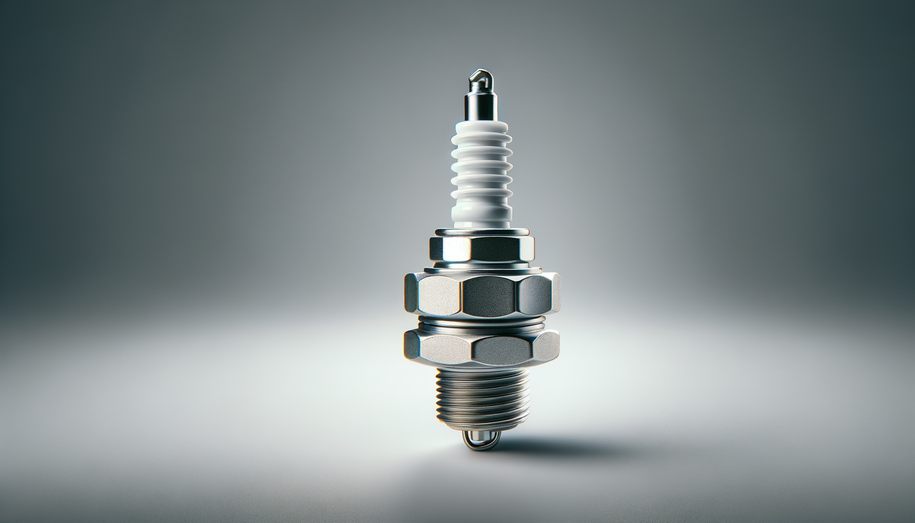 Close-up of a spark plug standing upright against a neutral background.