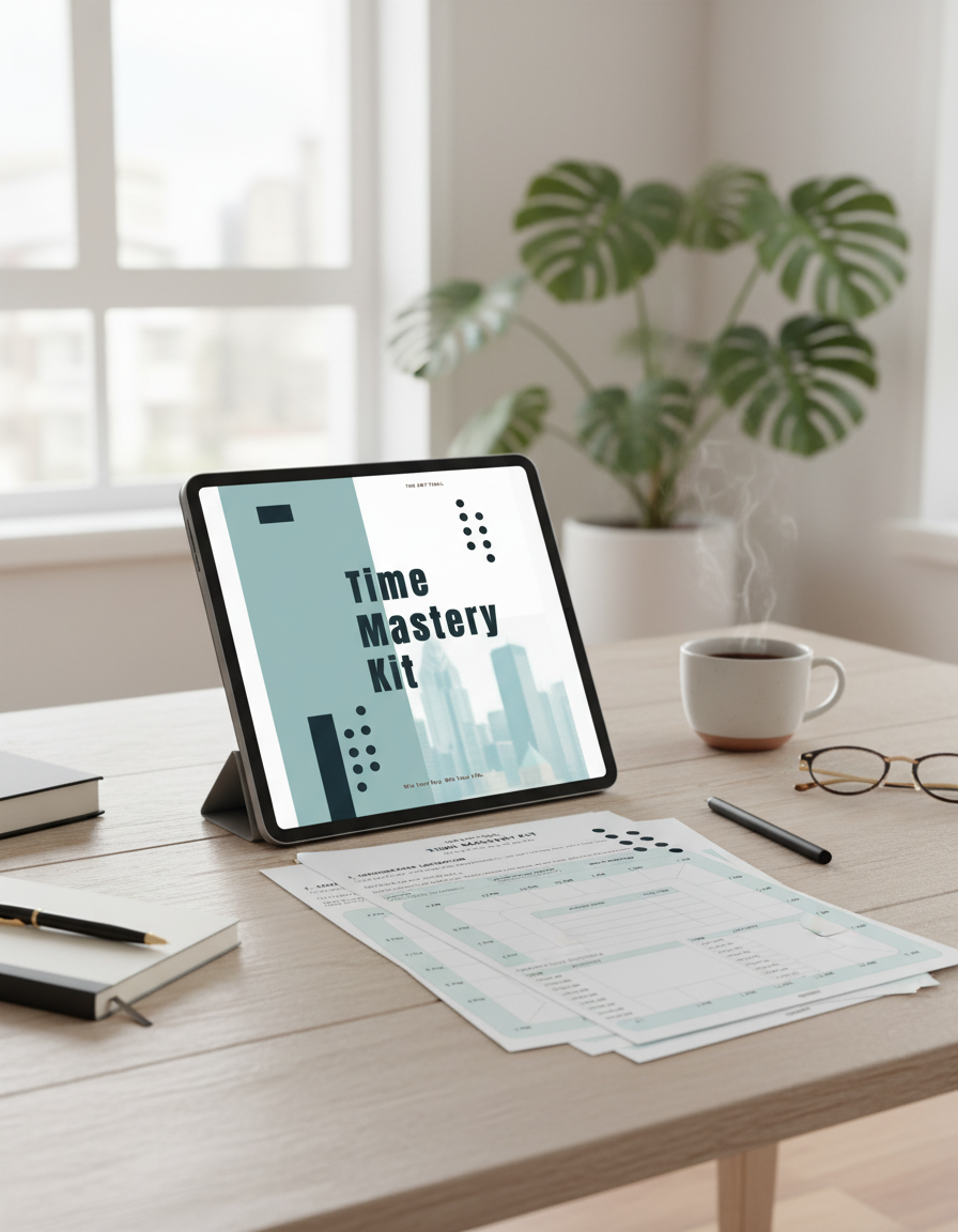 Workspace with a tablet displaying 'Time Mastery Kit', papers, a notebook, black pen, glasses, and a cup of coffee on a wooden desk, with a green plant and window in the background.