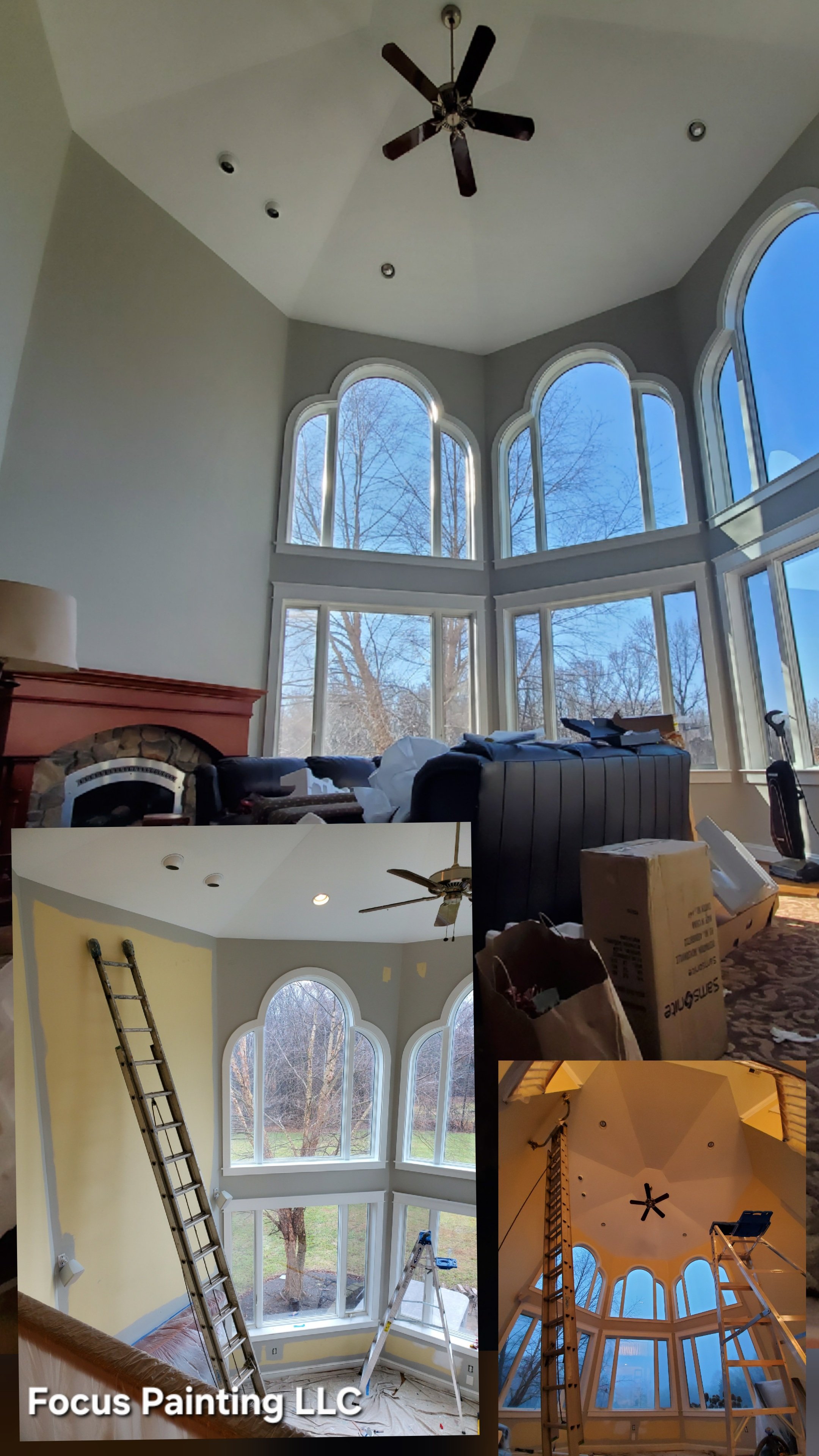 Interior painting of high ceilings before and after by Focus Painting in Annaplis, Maryland.