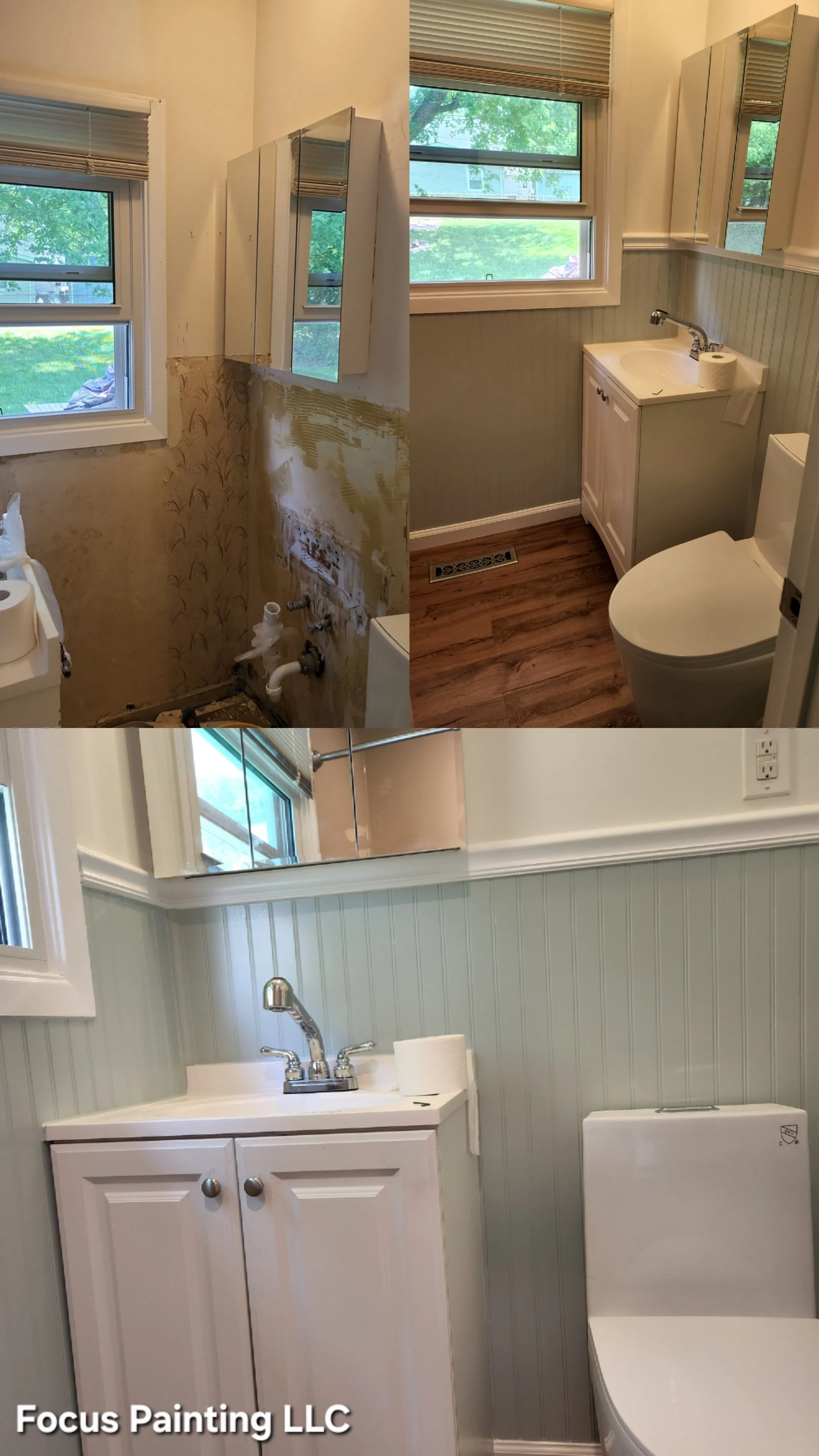 Interior bathroom renovation before and after with headboard by Focus Painting in Crofton, Maryland.