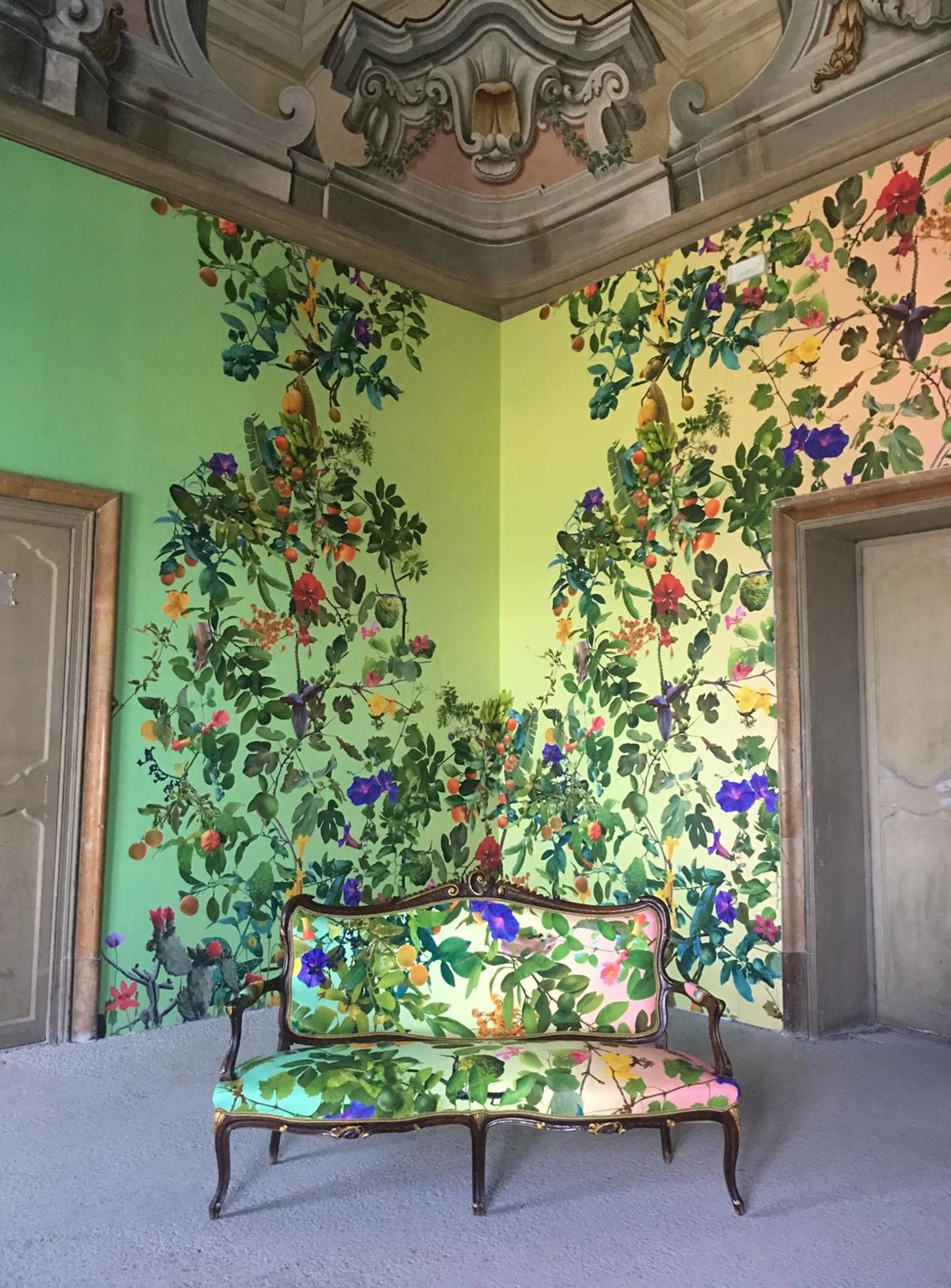 installation view of Theater of the Sun, Fallen Fruit / David Allen Burns and Austin Young, 2018, Palazzo Butera, Manifesta 12 in Palermo, Italy.