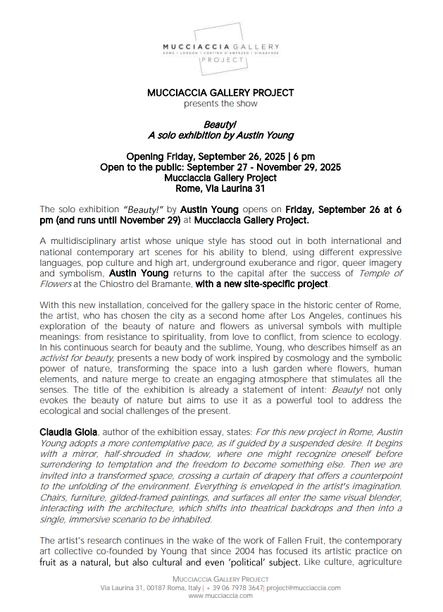 Press release for Beauty!, Austin Young’s solo exhibition at Mucciaccia Gallery Project in Rome, 2025