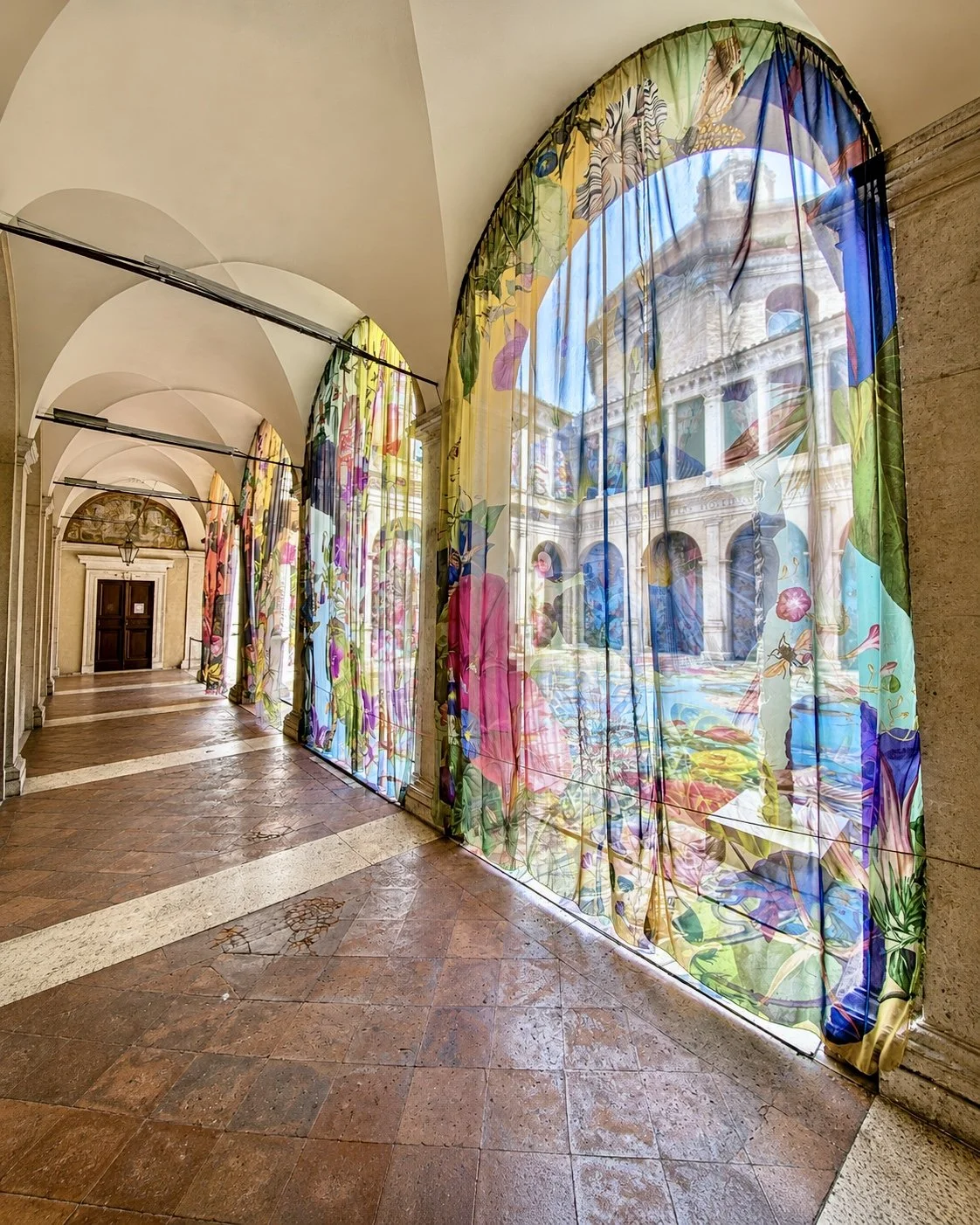 Temple of Flowers, immersive installation by Austin Young in the courtyard of Chiostro del Bramante, Rome.