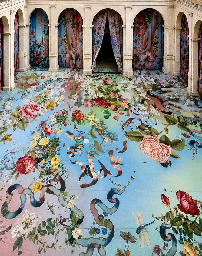 Detail of Temple of Flowers, a site-specific installation by Austin Young at Chiostro del Bramante in Rome.