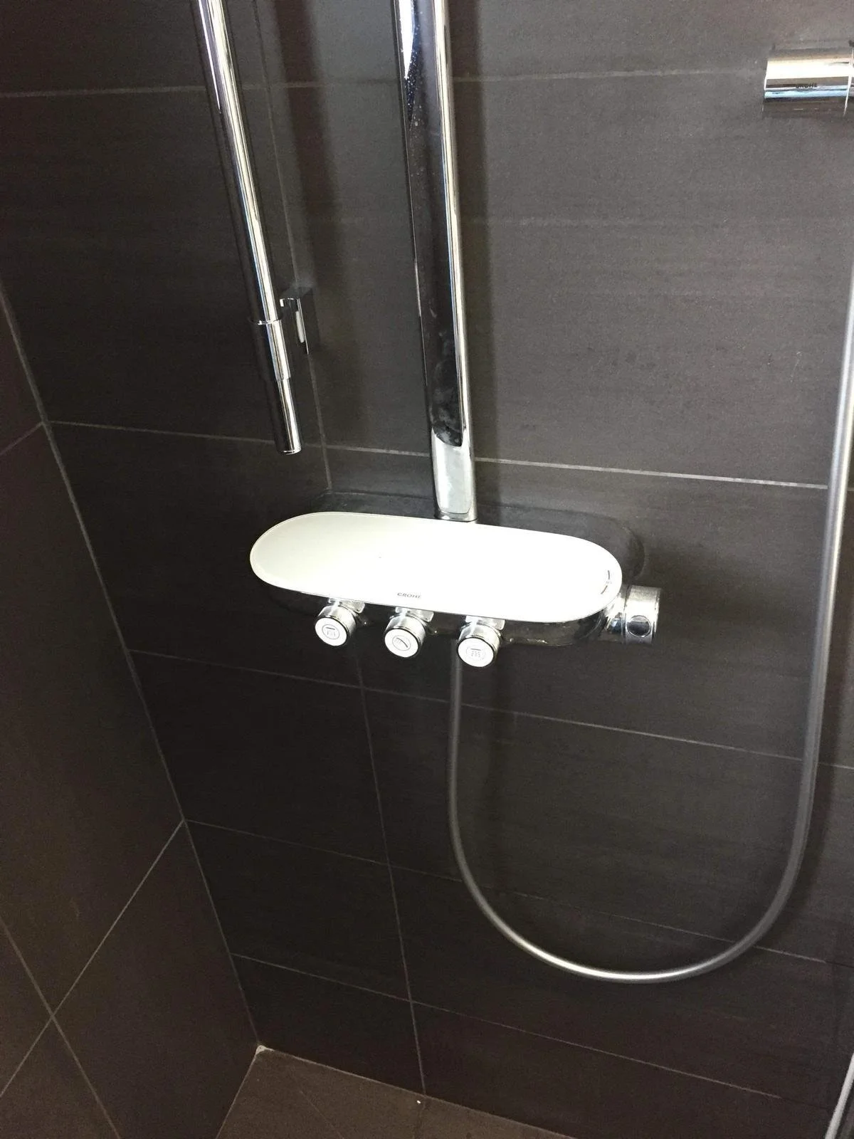 Douche avec des murs noirs, une poignée métallique, un panneau de contrôle blanc avec trois boutons, et un flexible de douche.