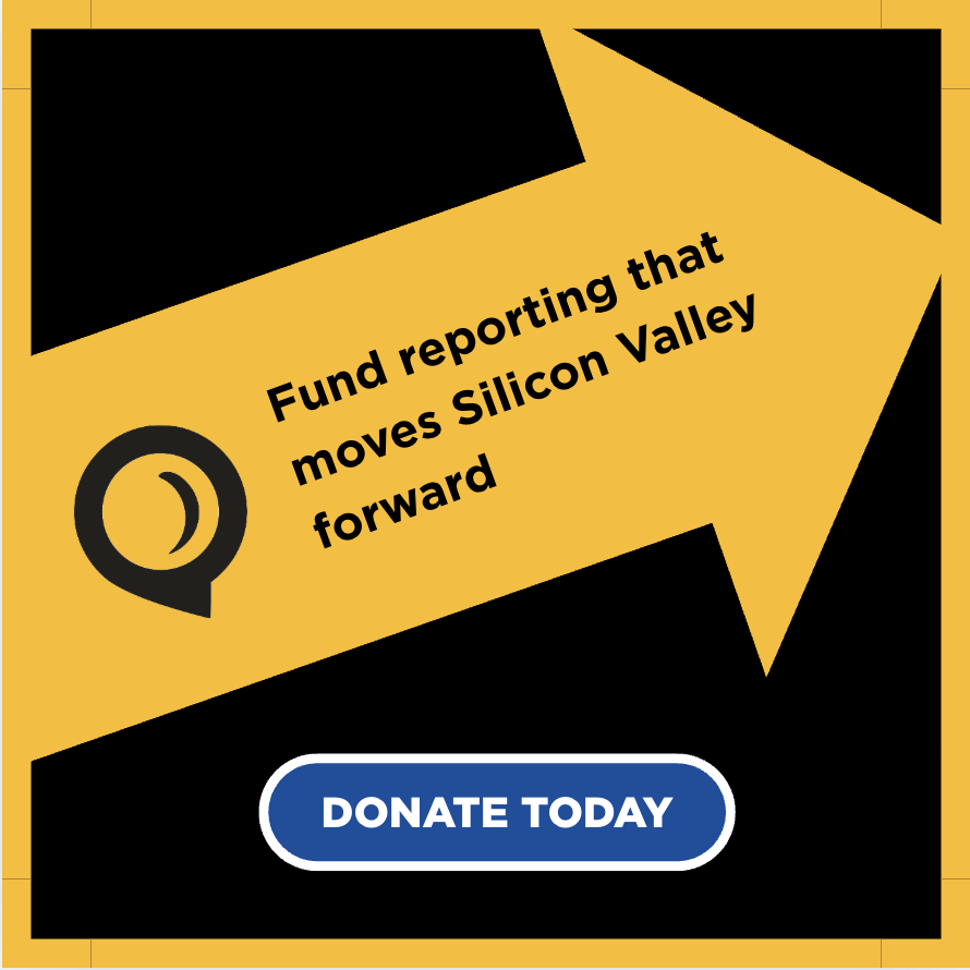 A yellow and black graphic with a large yellow arrow pointing right. Inside the arrow, black text reads "Fund reporting that moves Silicon Valley forward." To the left of the text is a circular icon with a stylized letter "D" inside. At the bottom, a blue button with white text says "DONATE TODAY."