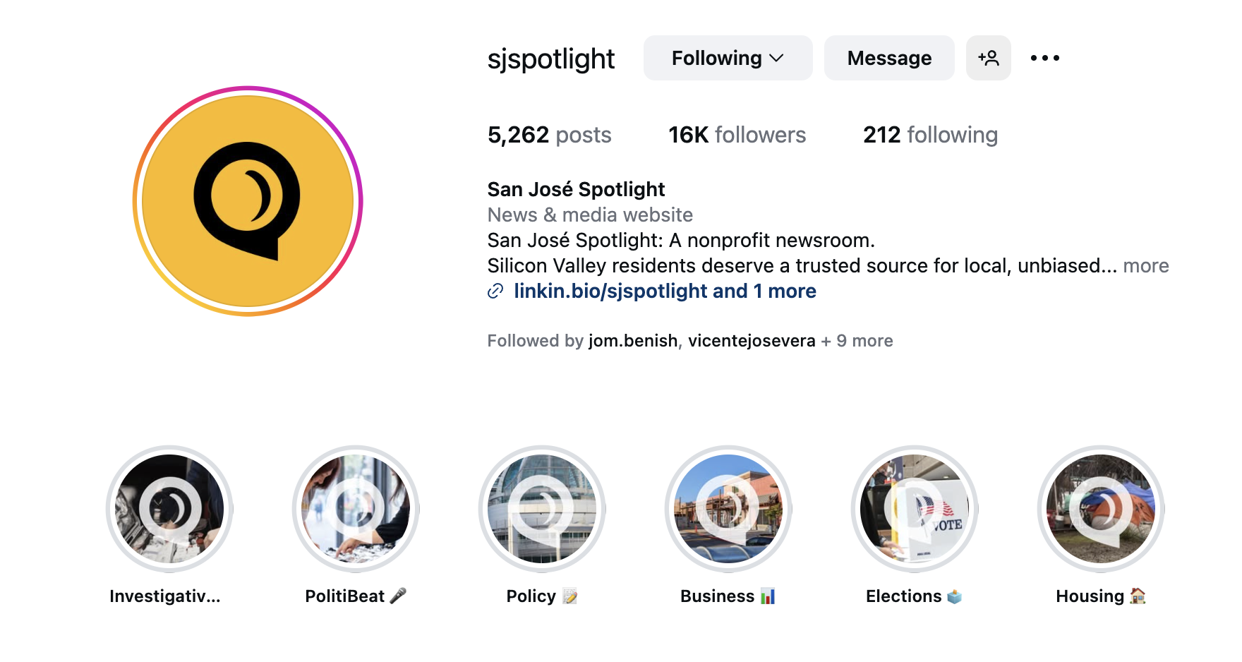 Instagram profile page for sjspotlight, a nonprofit news source for San Jose residents, with a yellow and black logo featuring a speech bubble and a curled shape inside, and highlights related to investigations, politics, policies, business, elections, and housing.