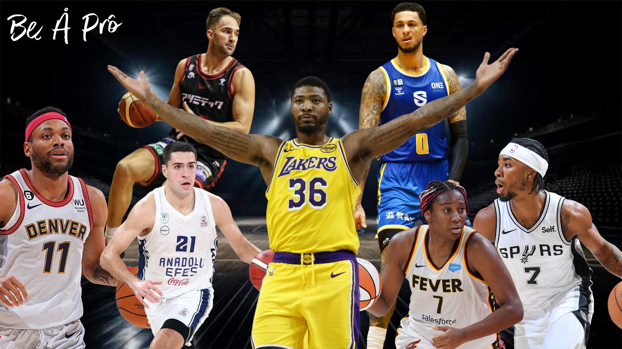 Various basketball players in action poses, with a dark background and a basketball court visible. The center player wears a yellow Lakers uniform with arms outstretched, and text in the top left corner reads 'Be À Pro'.