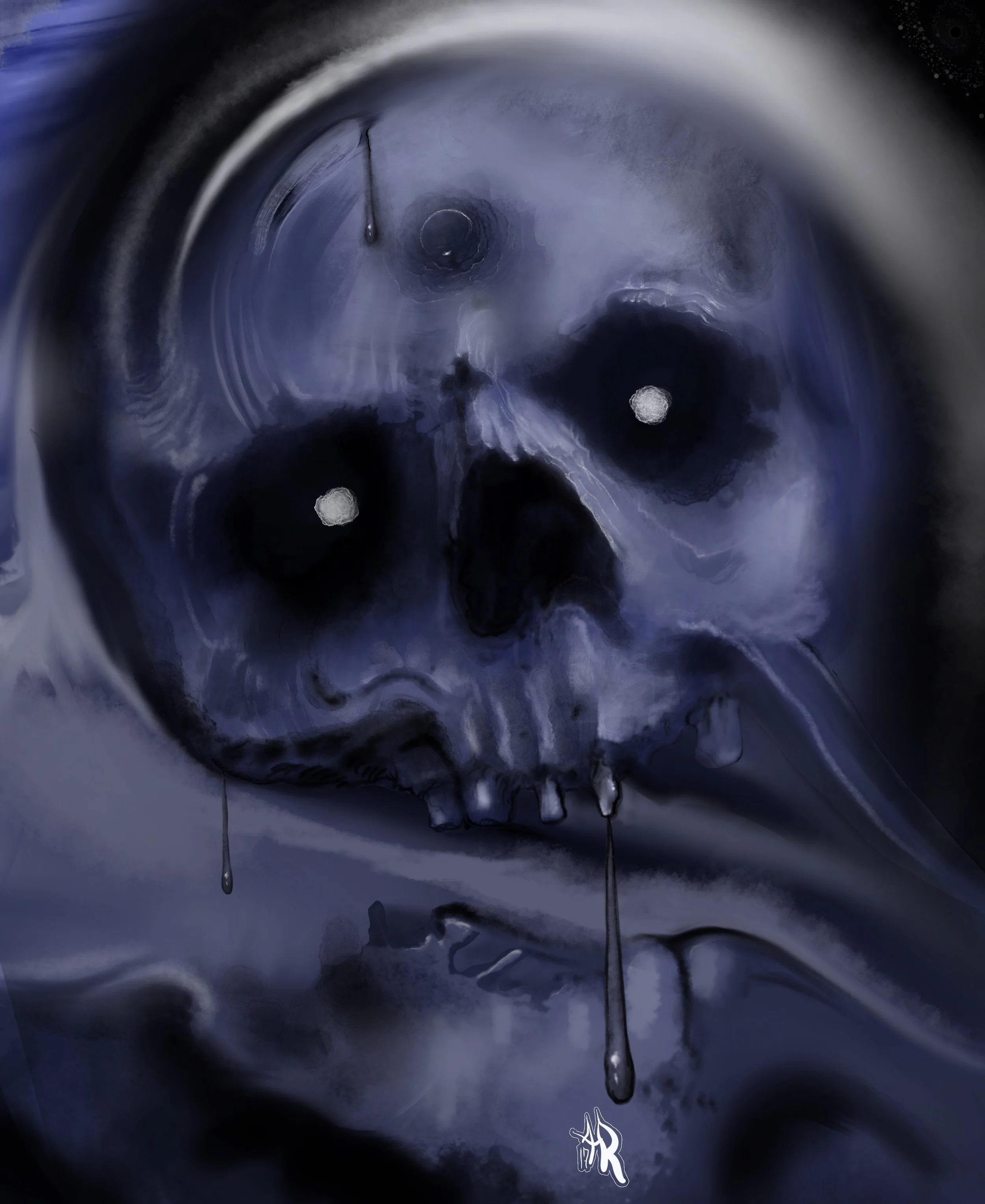 blue skull in creepy and psychedelic gothic background