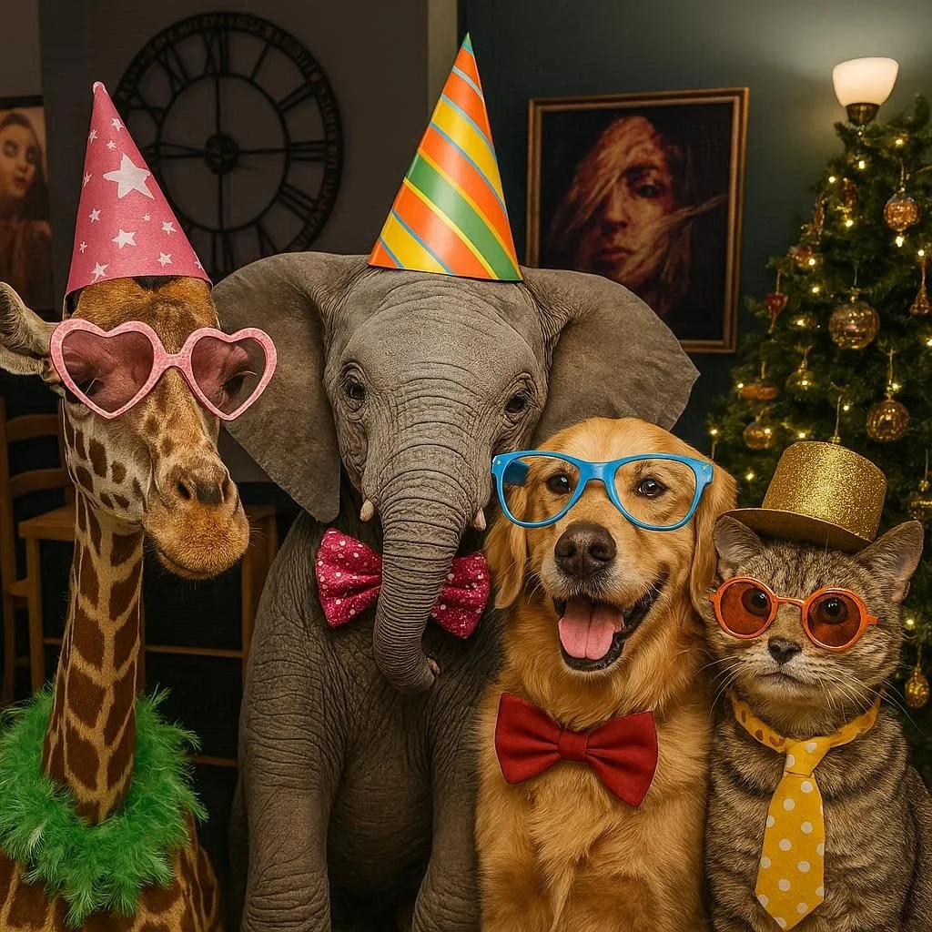 Four animals dressed in party accessories: a giraffe with pink heart-shaped glasses, a pink party hat, and a green feather boa; an elephant wearing a striped party hat and red bow tie; a happy golden retriever with blue glasses and a red bow tie; and a tabby cat with orange glasses, a gold sparkly hat, and a yellow polka-dot tie. They are in front of a decorated Christmas tree and framed art, celebrating at a party or holiday gathering.