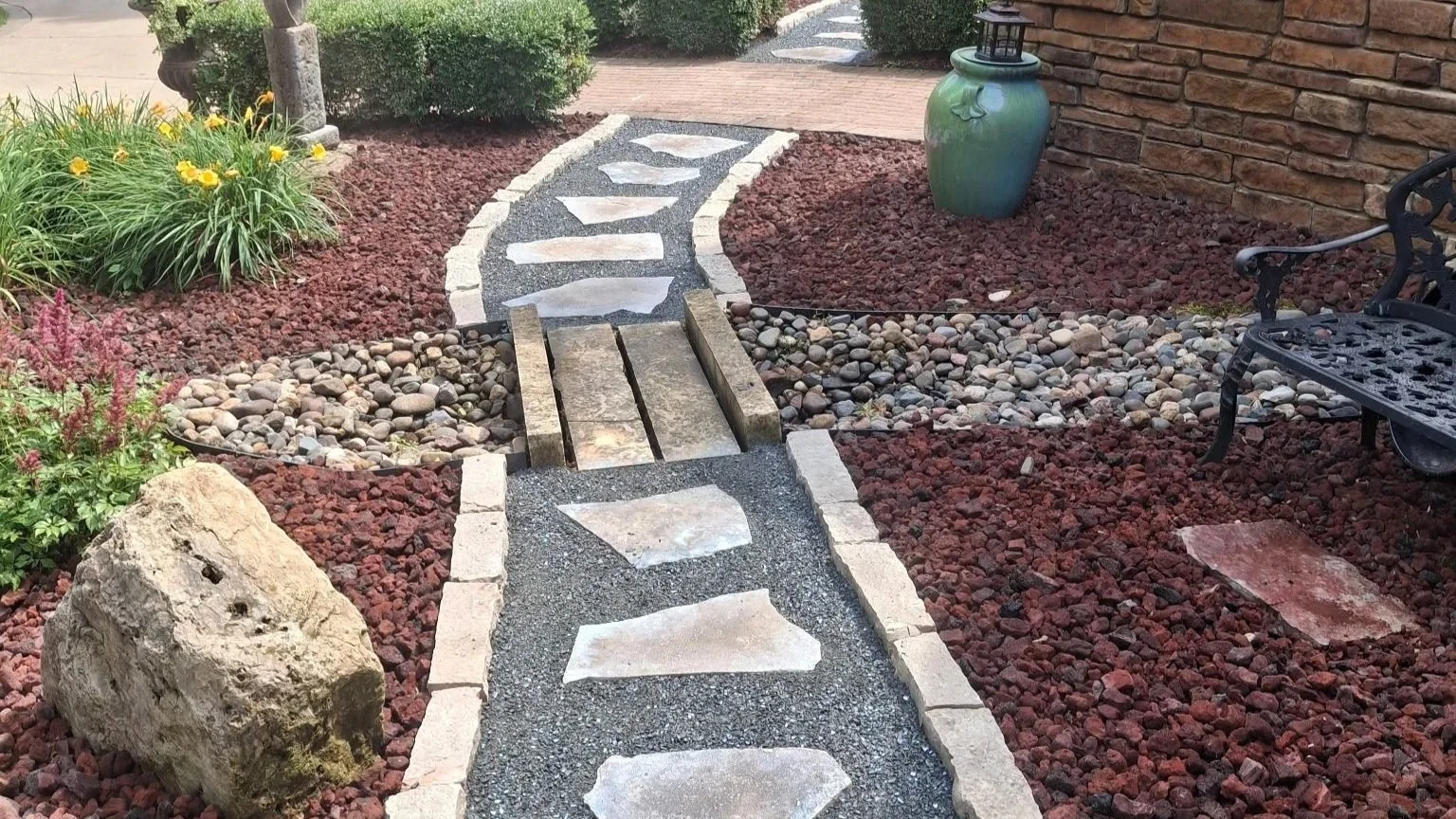 Decorative garden pathway made of flagstones and small stones, surrounded by reddish mulch, with plants, large rocks, a bench, and a large green vase in the garden.