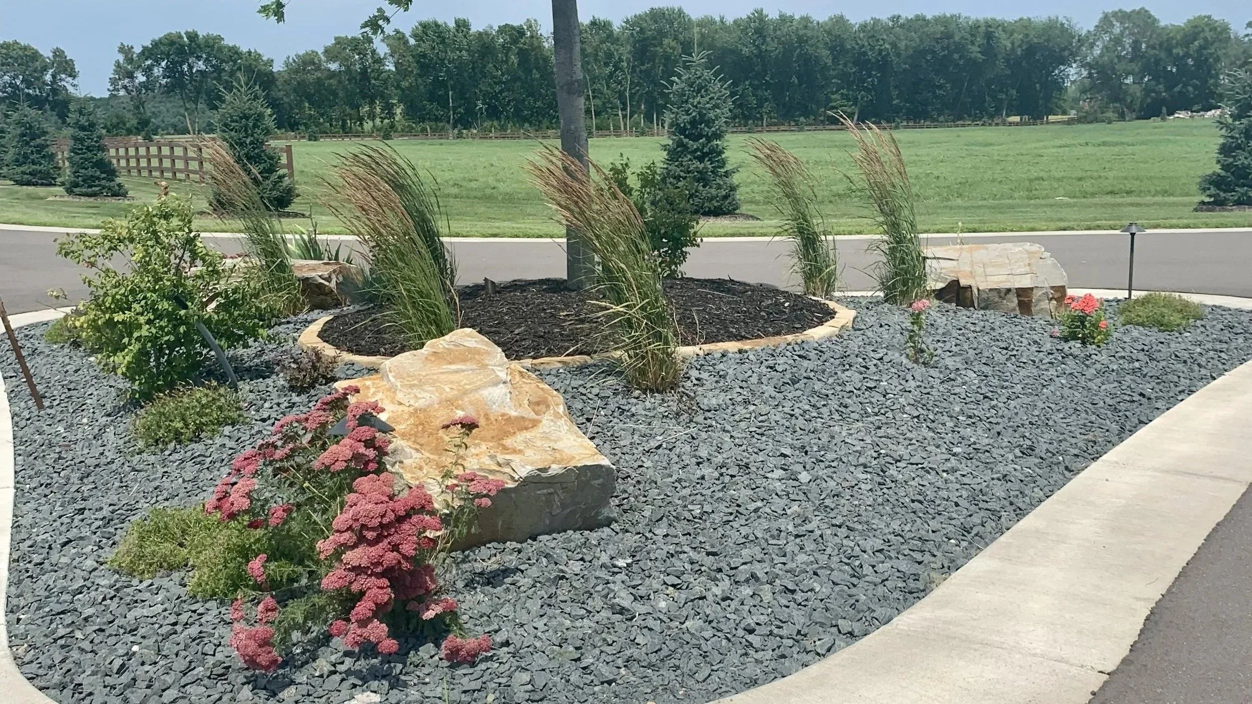 A landscaped garden bed with rocks, tall grasses, small shrubs, and pink flowers, circled by a low stone border, set along a sidewalk near a street and a grassy park with trees in the background.