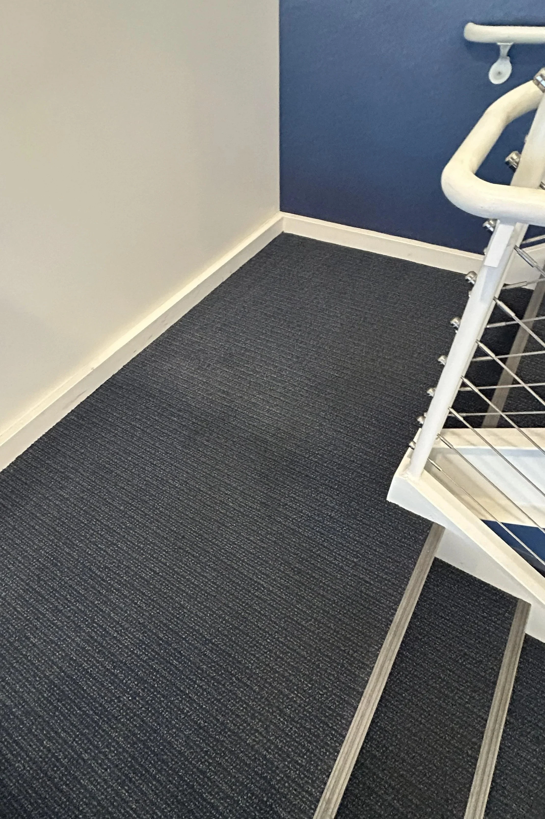 Corner of a room with dark gray textured carpet, white baseboard, white wall, and a blue accent wall with a white handrail attached to the wall. Part of a white metal railing and steps are visible.