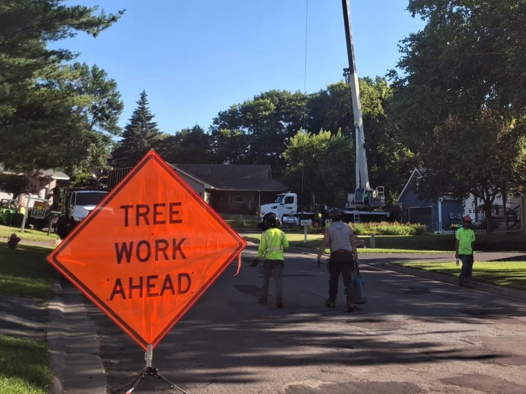 A neighborhood street with a large orange warning sign that reads 'Tree Work Ahead'. In the background, workers wearing safety vests are near a crane lifting a tree, with houses and trees lining the street.