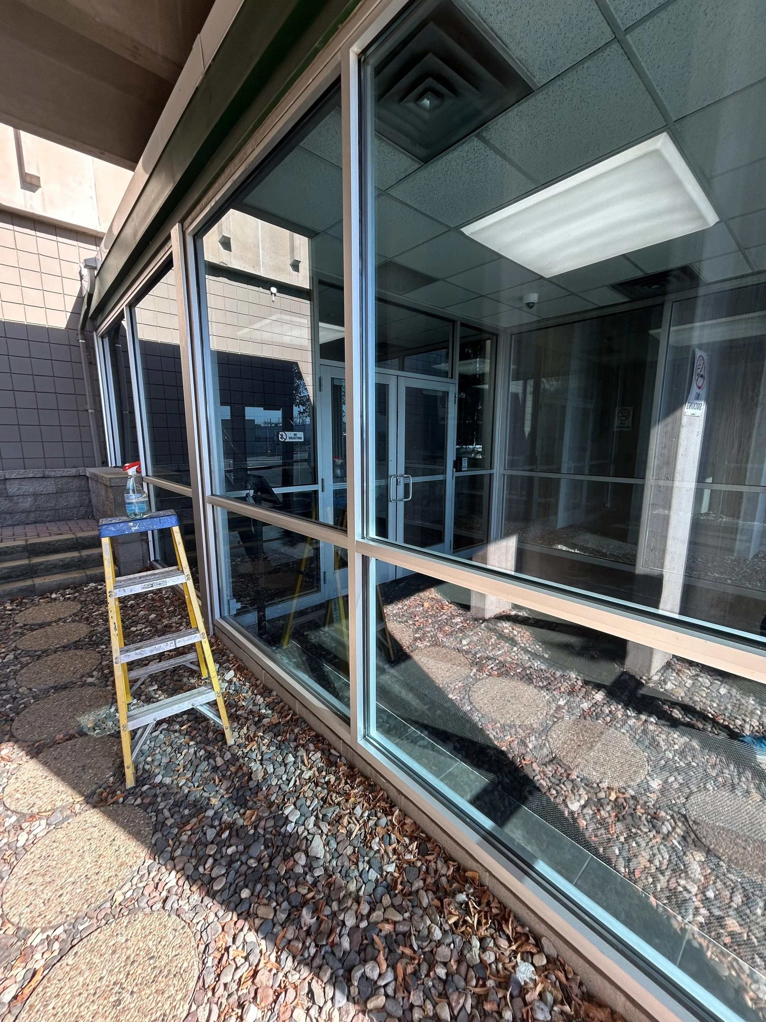 Construction of a glass storefront with metal framing, a yellow step ladder, cleaning supplies, and a pebble walkway outside.