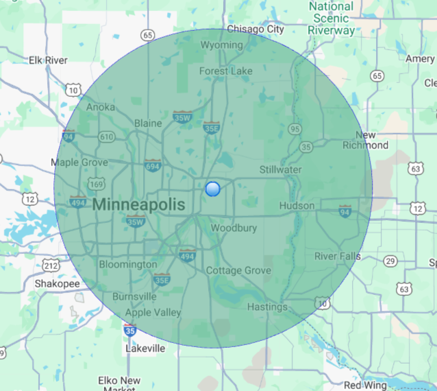 Map of Minneapolis, Minnesota, highlighting the metropolitan area and surrounding cities with a circular coverage zone.