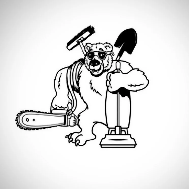 A cartoon bear wearing sunglasses, holding a chainsaw in one paw, and a vacuum cleaner in the other, with a shovel on its back.
